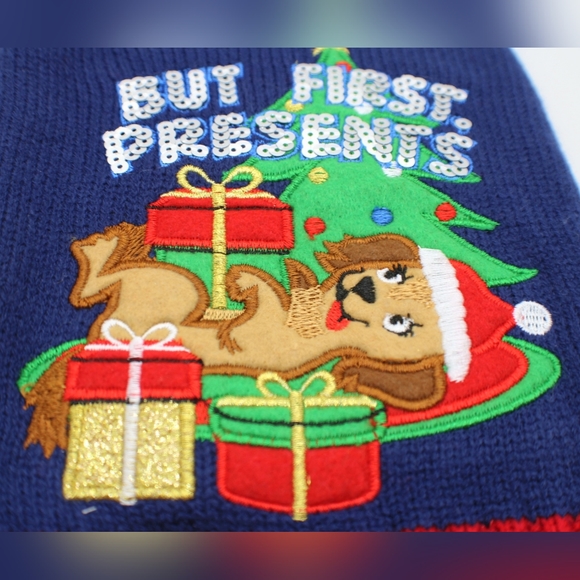 Extra Small Knit & Sequined 'But Presents First' Blue & Red Dod Sweater, New - Picture 7 of 7